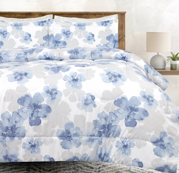 Blue Gray Floral Comforter Set