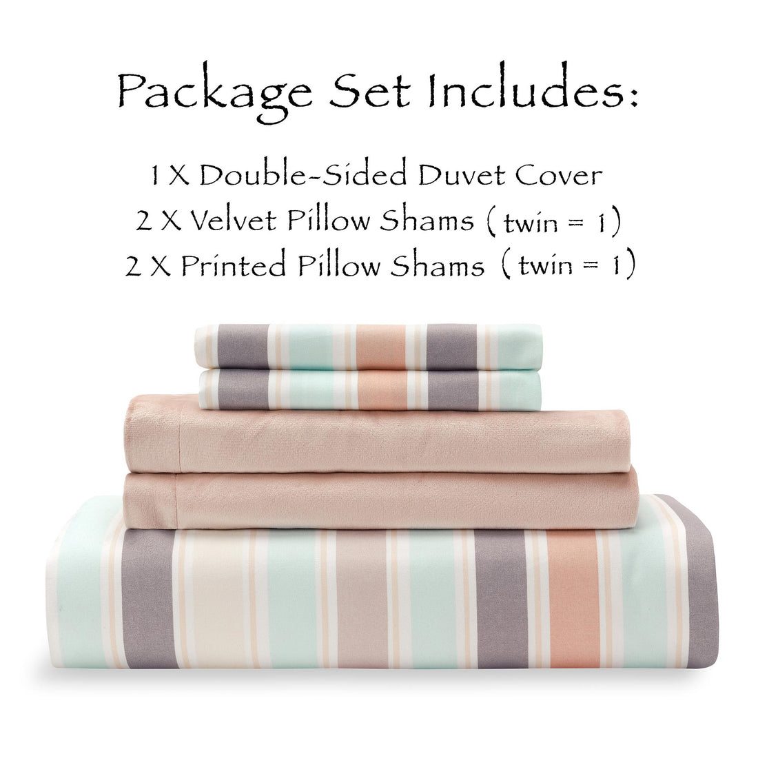 5-Piece Pastel Stripe Reversible Velvet Duvet Cover Set