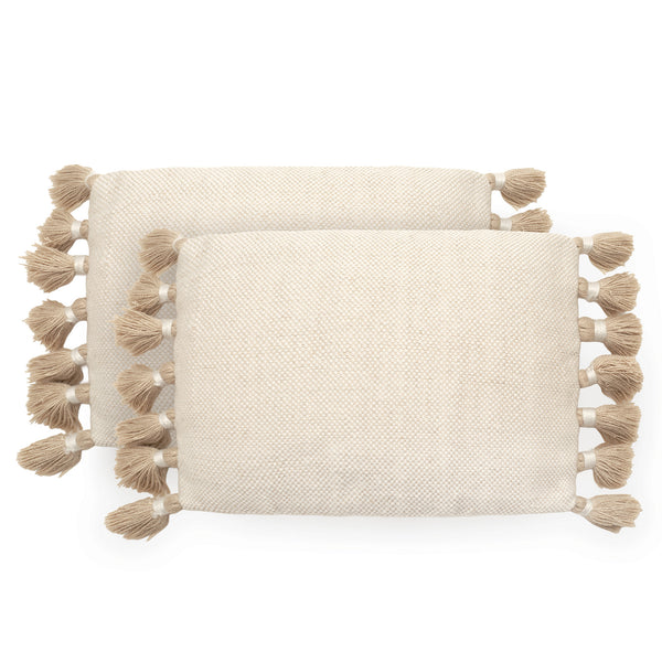 Natural Woven Lumbar with Tassels Polyester Outdoor Throw Pillow Covers