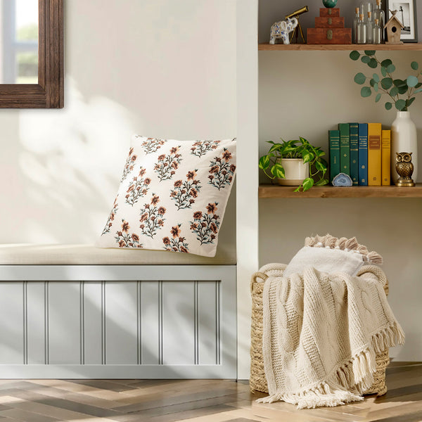 Recycled Cotton Bloom Orange Floral Print Throw Pillow Covers