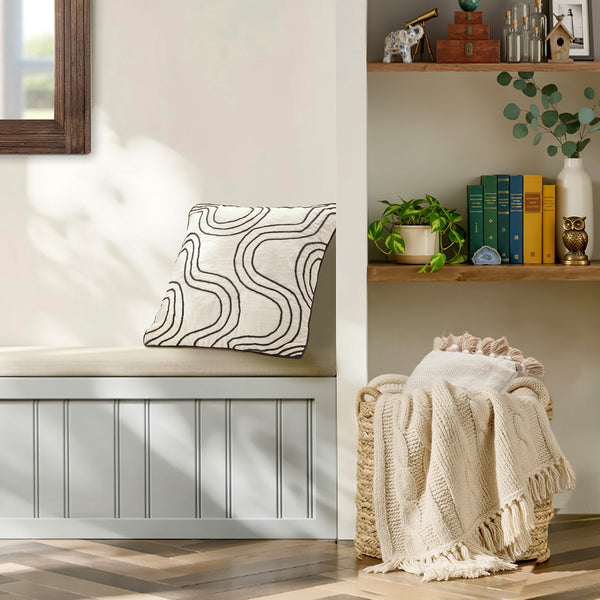 Recycled Cotton Black Round Wavy Textured Throw Pillow Covers