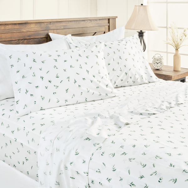 Elegant Cotton 100% Organic Cotton Green Botanical Leaves Print Sheet Set