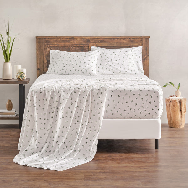 Elegant Cotton 100% Organic Cotton Green Botanical Leaves Print Sheet Set
