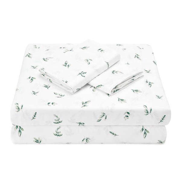 Elegant Cotton 100% Organic Cotton Green Botanical Leaves Print Sheet Set