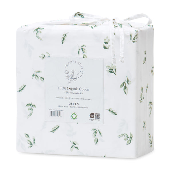 Elegant Cotton 100% Organic Cotton Green Botanical Leaves Print Sheet Set