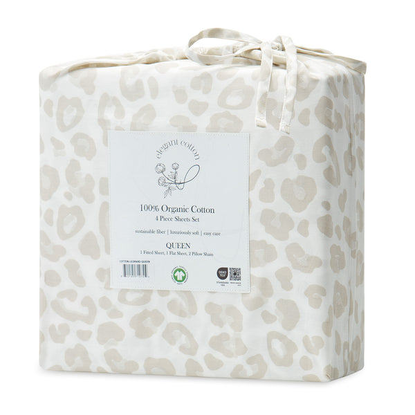 Elegant Cotton 100% Organic Cotton Beige Leopard Print Sheet Set