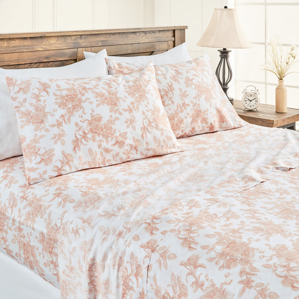 Elegant Cotton 100% Organic Cotton Pink Rose Print Leaves Print Sheet Set