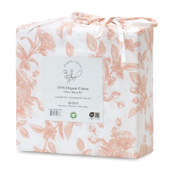 Elegant Cotton 100% Organic Cotton Pink Rose Print Leaves Print Sheet Set